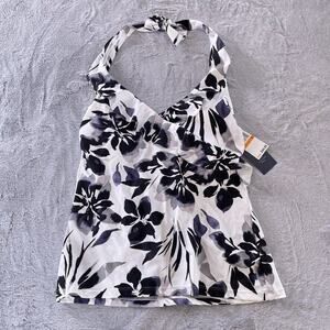 Aqua Couture Ruffle Halter Tankini Swim Top Black White Floral Womens Small